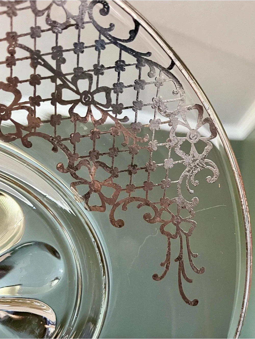Vintage Clear Glass Swan Handle Serving Tray with Sterling Silver Floral Etching